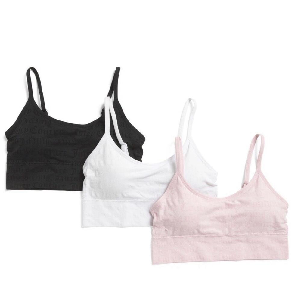 NWT Juicy Couture 3 Pack Seamless Bras Pink Black White 2X Logo Stretchy Ribbed